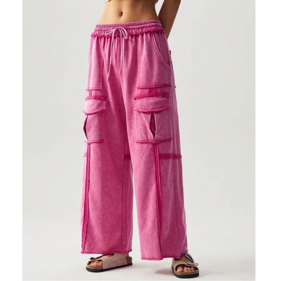 Boho Stretchy Waist Reverse Stitch Wide Leg Pants S M L XL